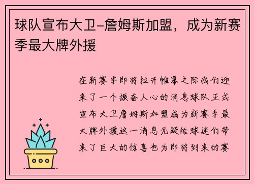 球队宣布大卫-詹姆斯加盟，成为新赛季最大牌外援