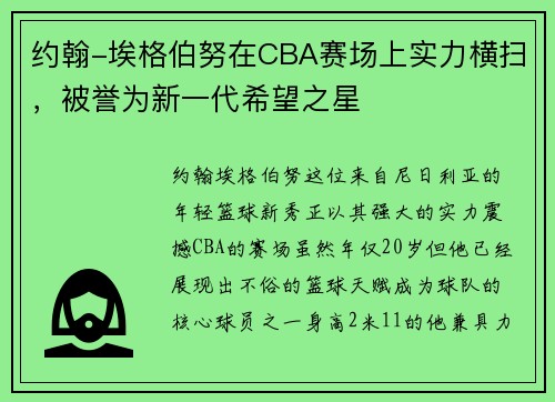 约翰-埃格伯努在CBA赛场上实力横扫，被誉为新一代希望之星